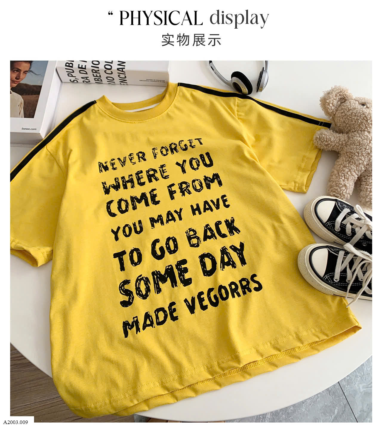 Áo phông vàng chữ tay phối kẻ   Sỉ 115k