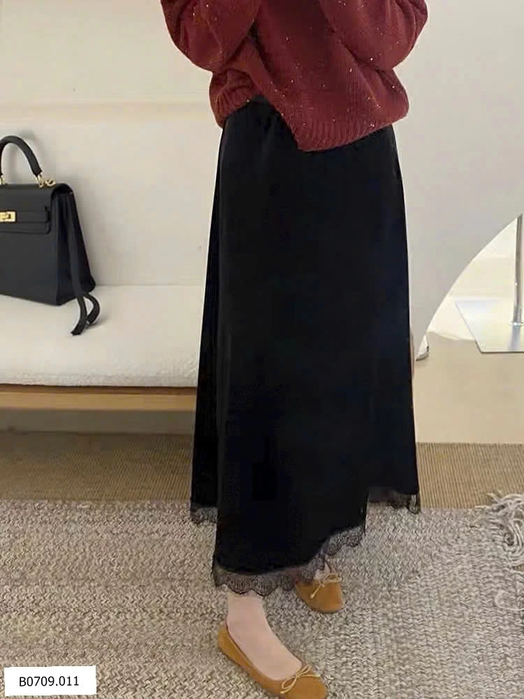 CHÂN VÁY NHUNG MIDI PHỐI REN  Giá sỉ 149k