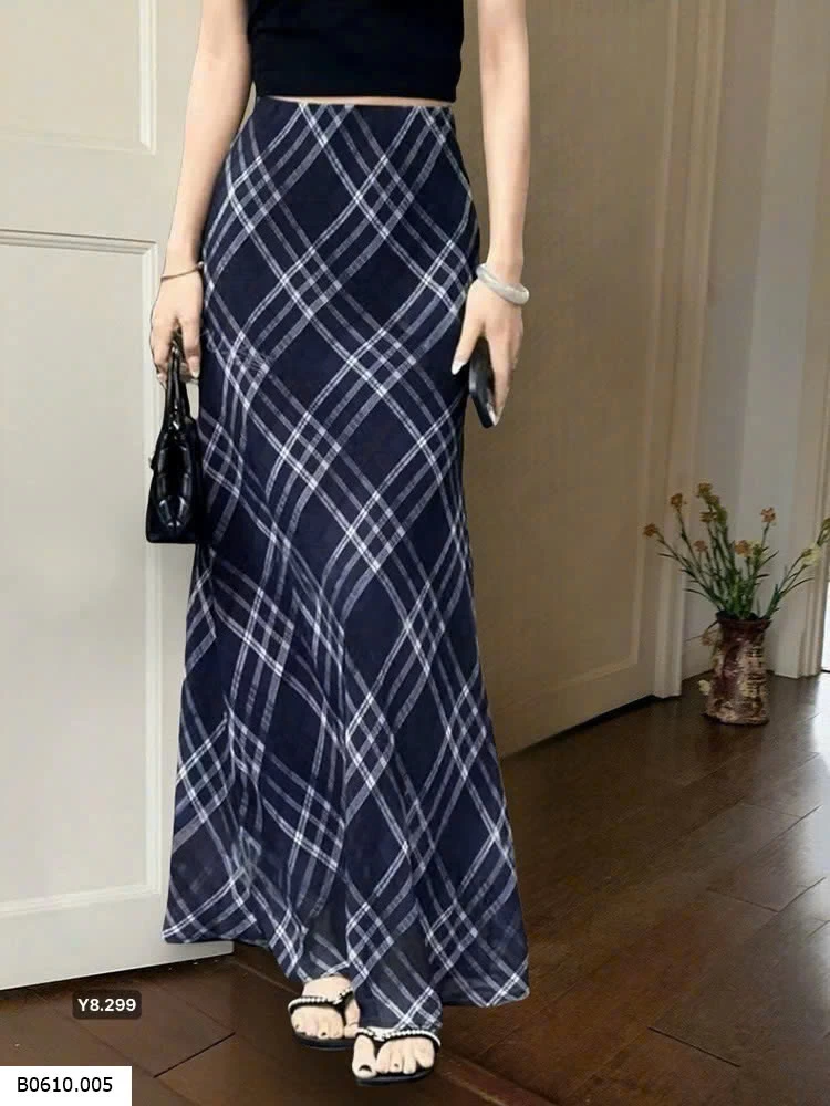 CHÂN VÁY SUÔNG DÀI KẺ HÃNG ANNA   Giá sỉ 138k