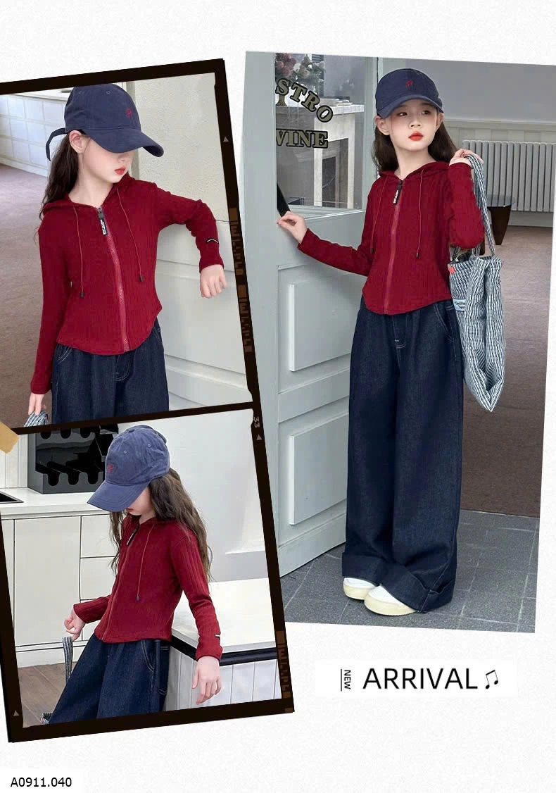 SET ÁO KHOÁC LEN ĐỎ MIX DENIM SUÔNG  Giá sỉ áo 176k  quần 155k 