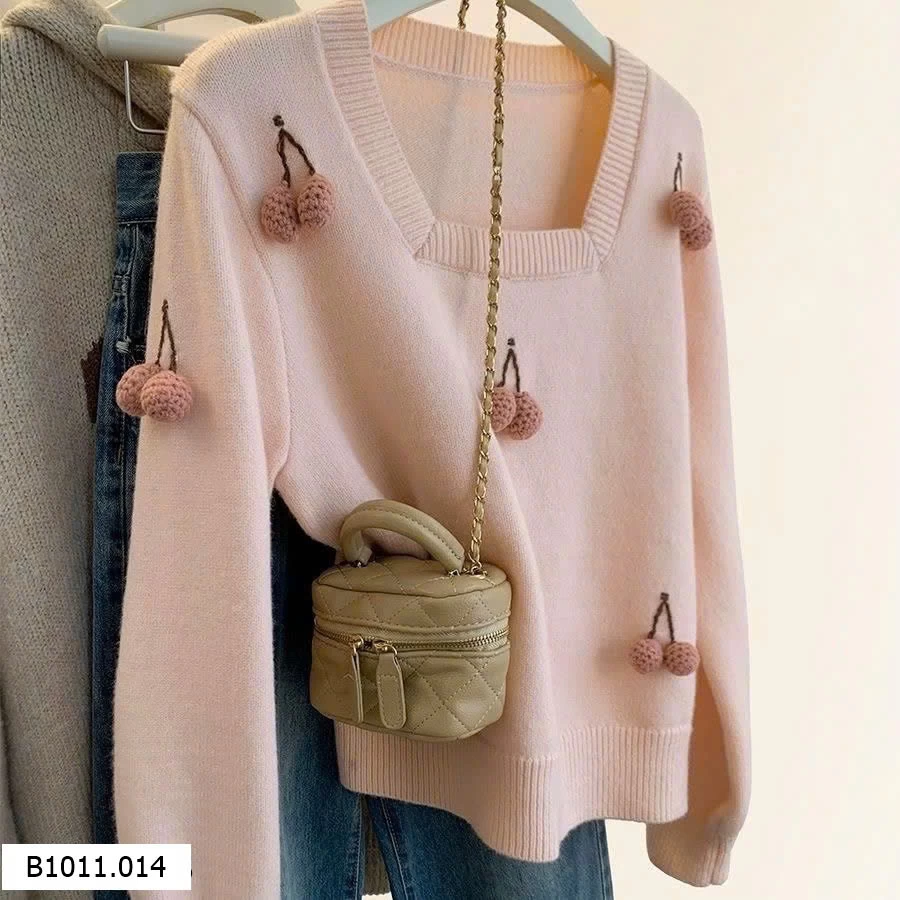 ÁO LEN CỔ VUÔNG QUẢ CHERRY NỮ  Giá sỉ 220k