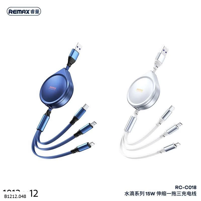CÁP SẠC NHANH 15W 3 CỔNG DÂY RÚT RC-C018 HÃNG REMAX  Giá sỉ 85k