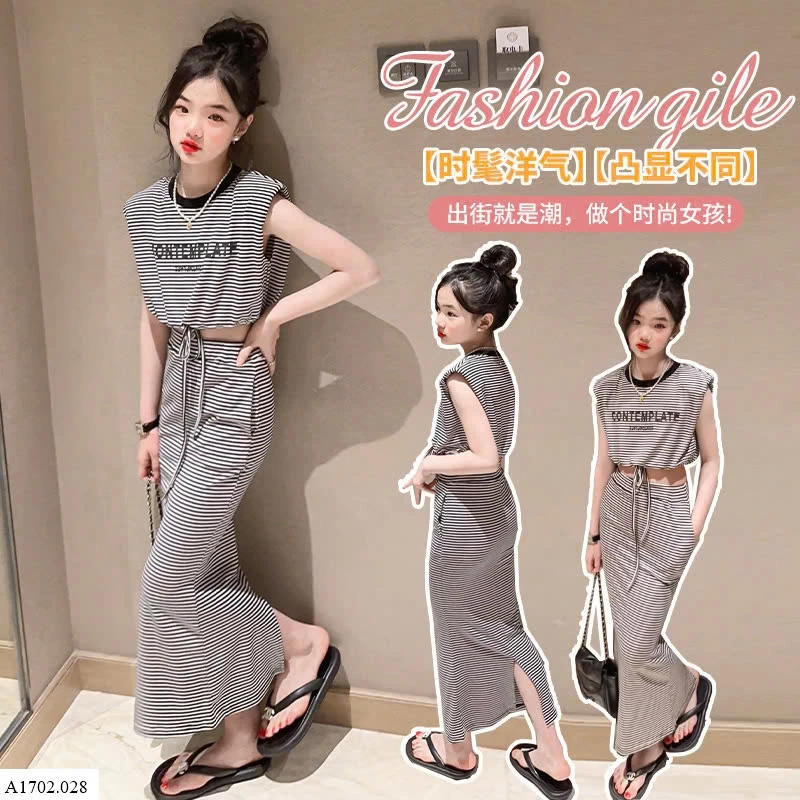 SET ÁO CROPTOP MIX CHÂN VÁY KẺ SỌC BÉ GÁI SZ ĐẠI Sỉ 172k