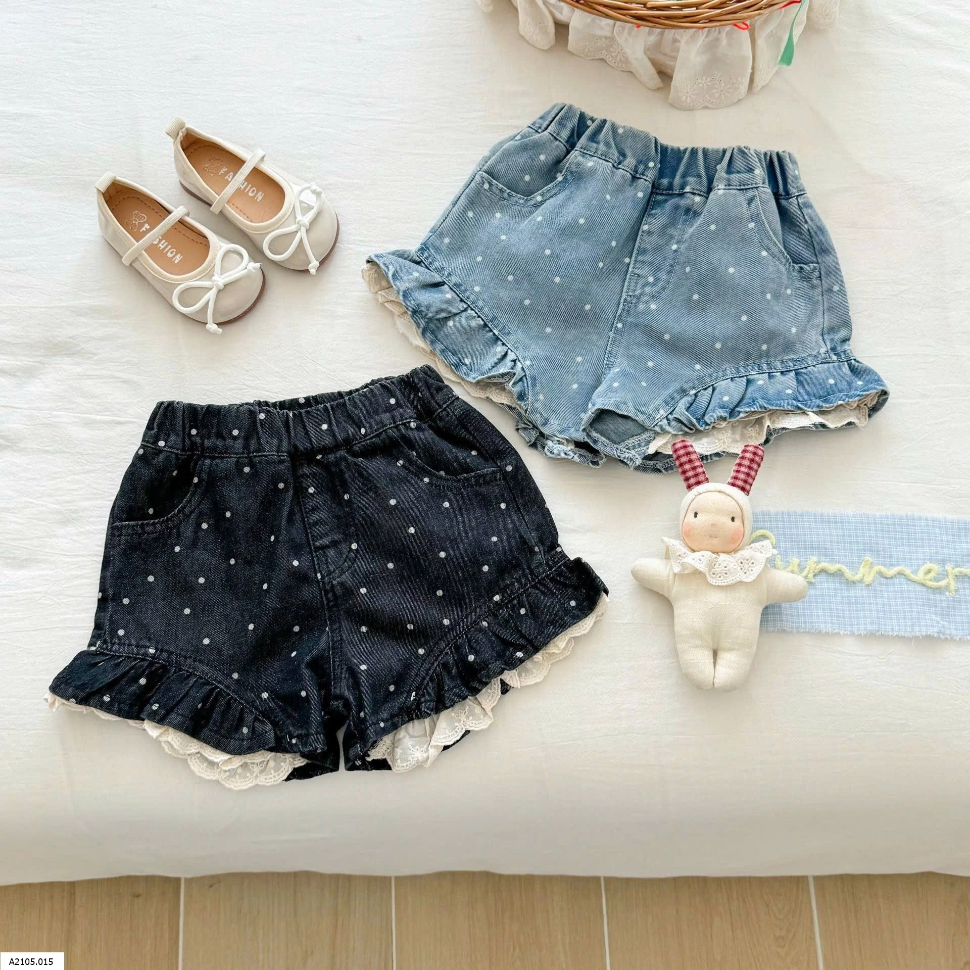 QUẦN SOOC JEAN CHẤM BI PHỐI REN NINGLI Sỉ 104k