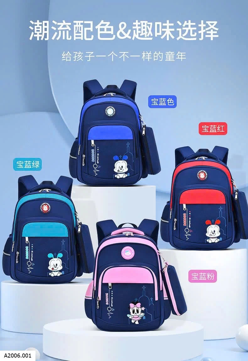 BALO HỌC SINH KÈM HỘP BÚT BOBDOG Sỉ sz nhỏ 37x28x14cm(lớp 1-2) si 205k  sz to 40x30x16cm (lớp 3-6) sỉ 220k 