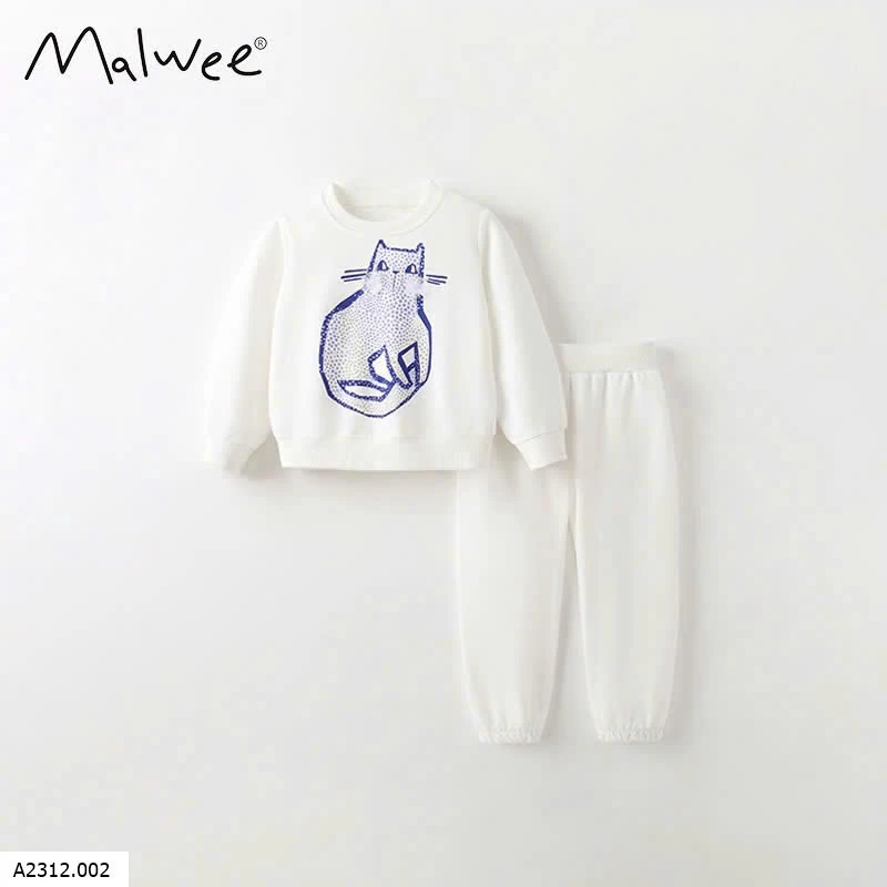 BỘ NỈ TRẮNG HOẠ TIẾT MÈO MALWEE Giá sỉ 165k