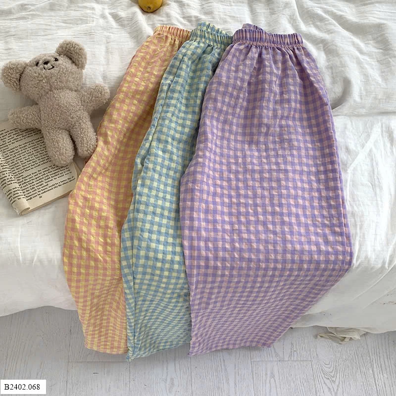 QUẦN KẺ CARO SUÔNG CẠP CHUN MẶC NHÀ NỮ Giá sỉ như sau: quần short: 45k/c quần dài: 57k/c
