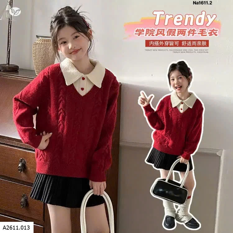 Áo len đỏ phối cổ sơ mi xinh xỉu Giá sỉ 245k