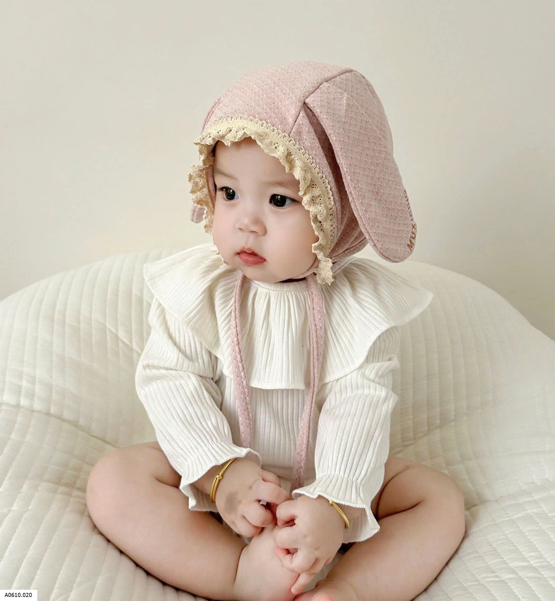 MŨ BÉ SƠ SINH TAI THỎ PHỐI REN BG Giá sỉ 72k