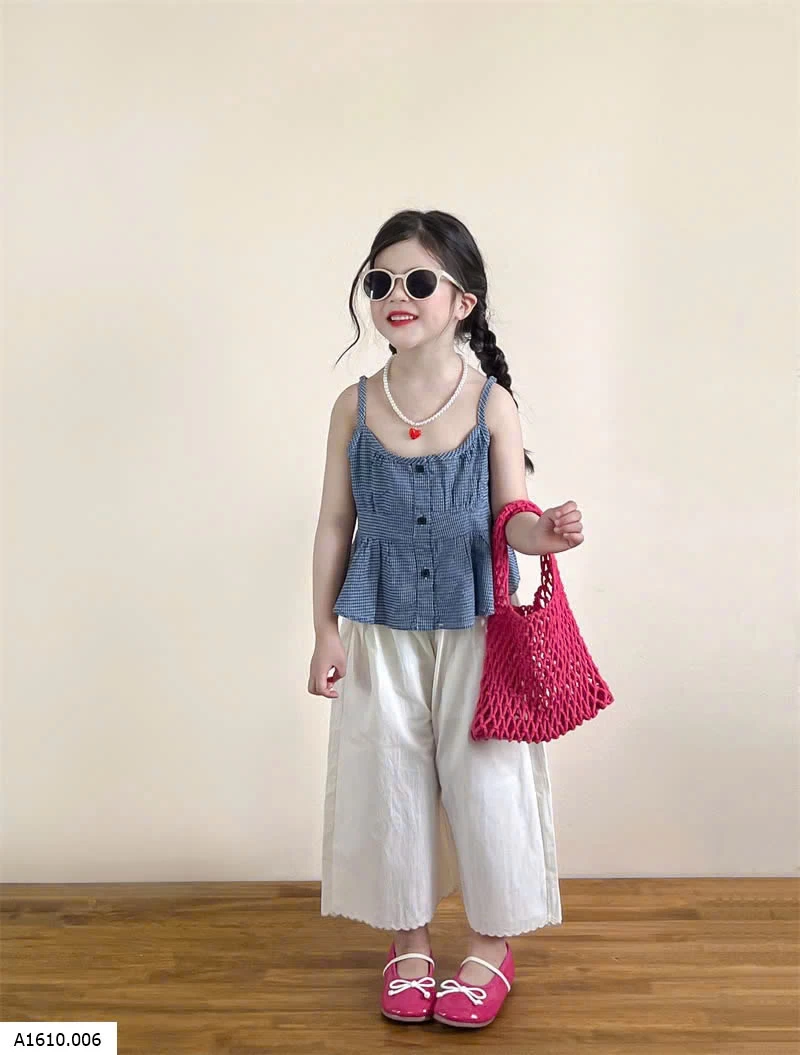 SET ÁO 2 DÂY CARO XANH PHỐI QUẦN SUÔNG TRẮNG   Giá sỉ 275k