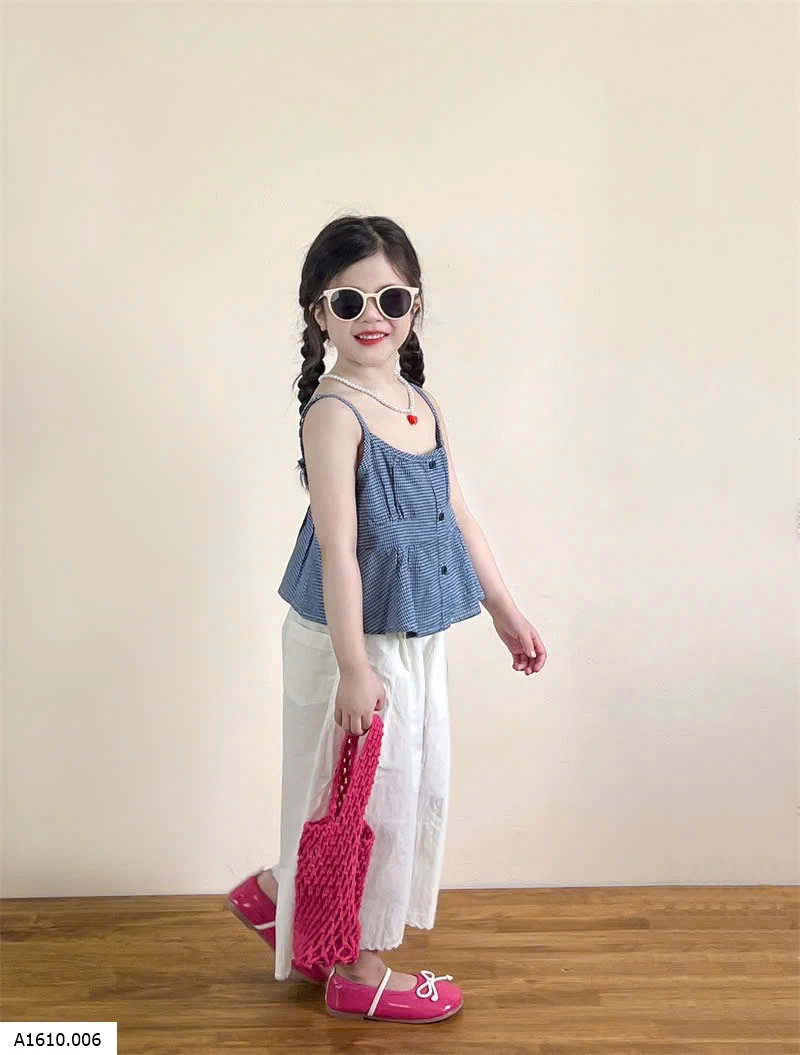 SET ÁO 2 DÂY CARO XANH PHỐI QUẦN SUÔNG TRẮNG   Giá sỉ 275k