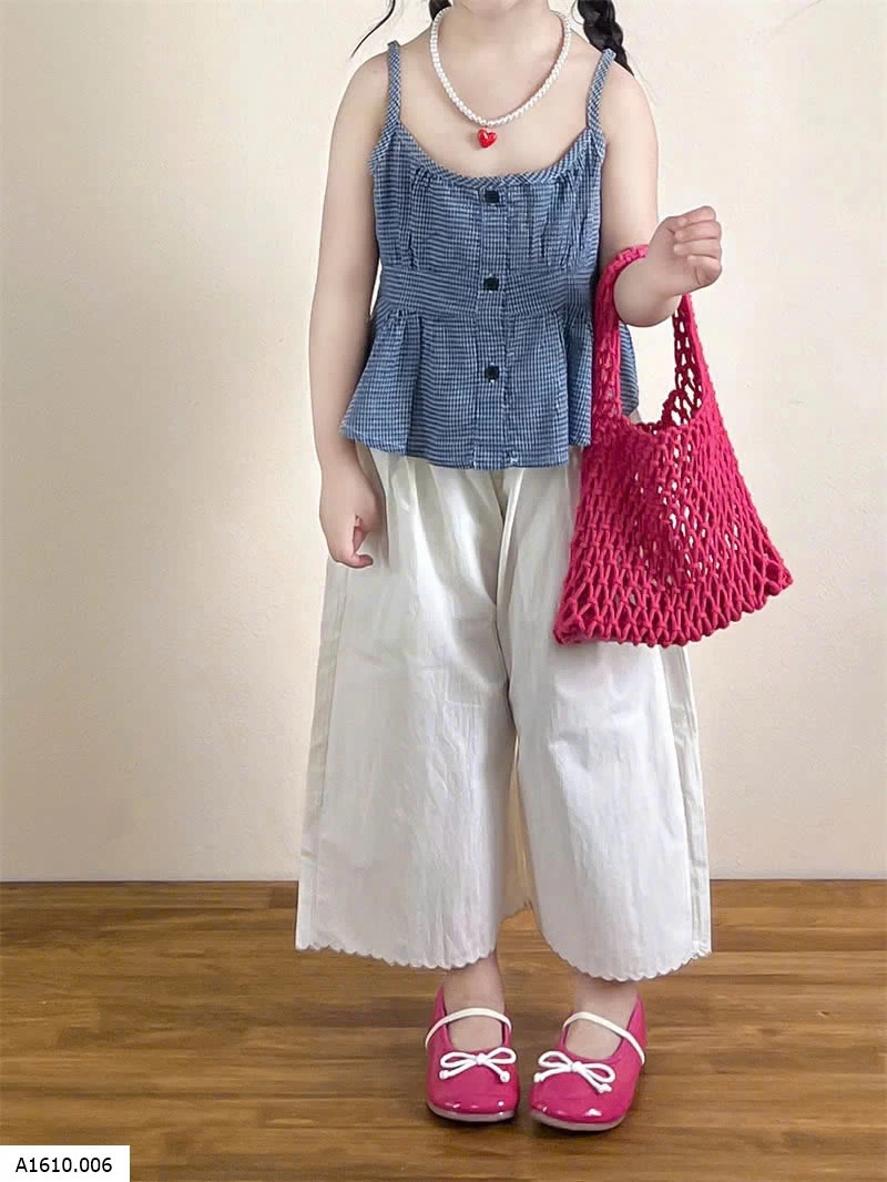 SET ÁO 2 DÂY CARO XANH PHỐI QUẦN SUÔNG TRẮNG   Giá sỉ 275k