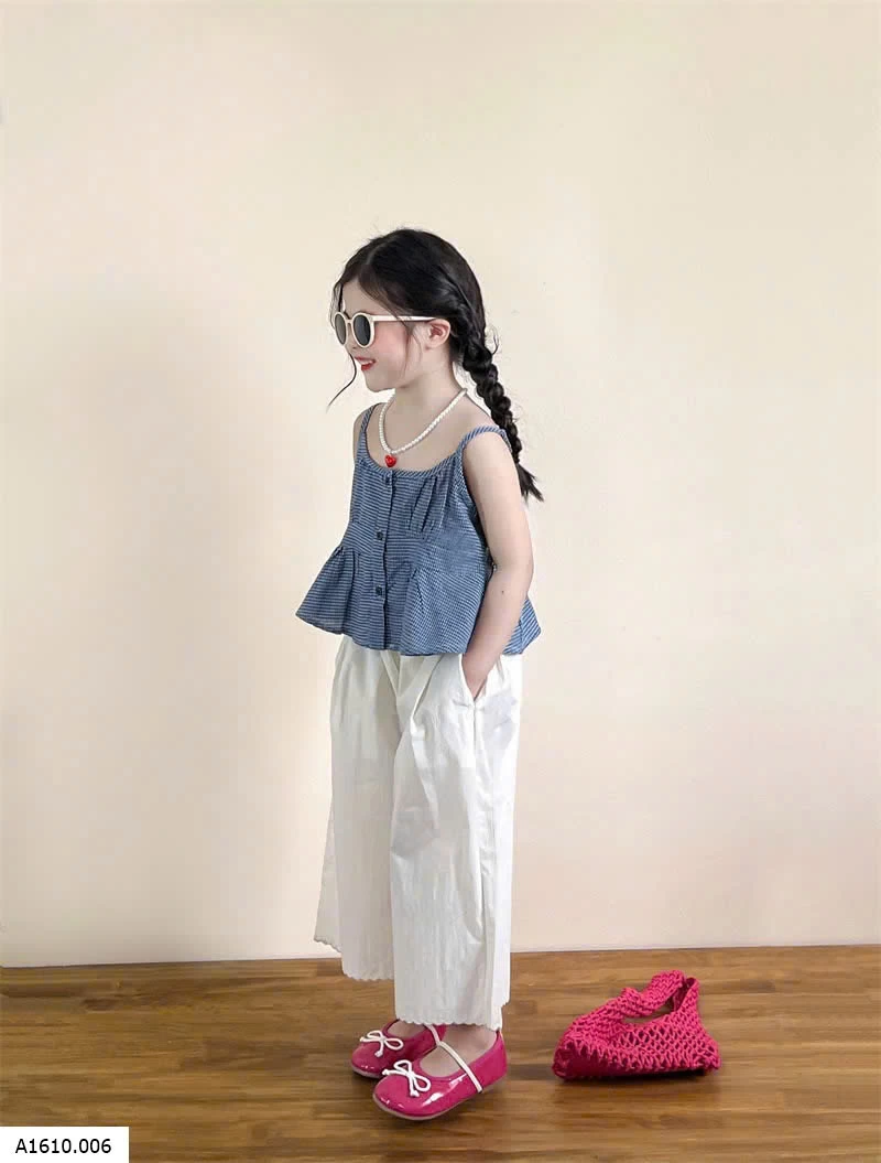 SET ÁO 2 DÂY CARO XANH PHỐI QUẦN SUÔNG TRẮNG   Giá sỉ 275k
