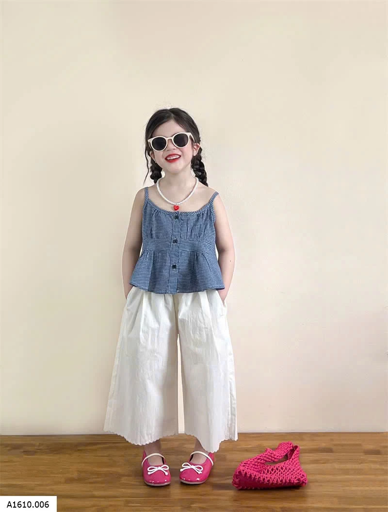SET ÁO 2 DÂY CARO XANH PHỐI QUẦN SUÔNG TRẮNG   Giá sỉ 275k