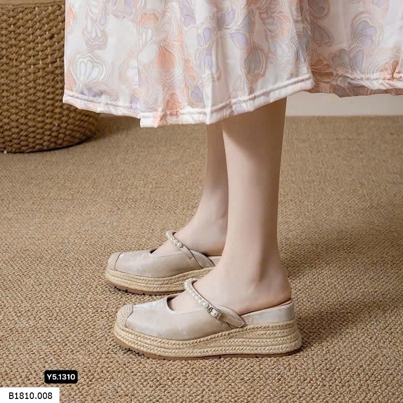 Giày đế cói phối quai ngọc trai kiểu Mary Jane hở gót   Giá sỉ 240k