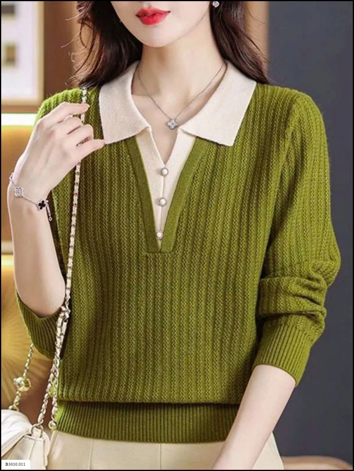 ÁO LEN DỆT KIM GIẢ 2 LỚP CỔ POLO CHO NỮ   Giá sỉ 170k