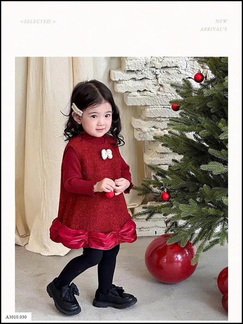SET VÁY PHỐI ÁO LEN ĐỎ KÈM NƠ TRẮNG BÉ GÁI  Giá sỉ Váy: 241k  Áo: 188k