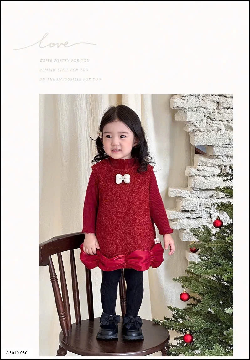 SET VÁY PHỐI ÁO LEN ĐỎ KÈM NƠ TRẮNG BÉ GÁI  Giá sỉ Váy: 241k  Áo: 188k