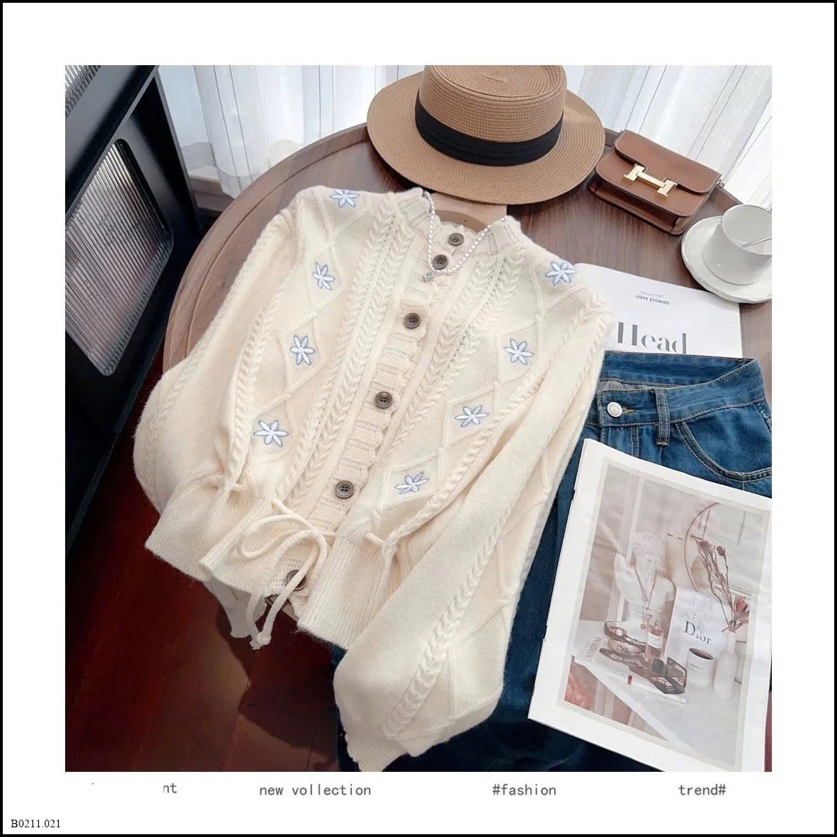 ÁO CARDIGAN LEN THÊU HOA DÂY RÚT EO  Giá sỉ 190k