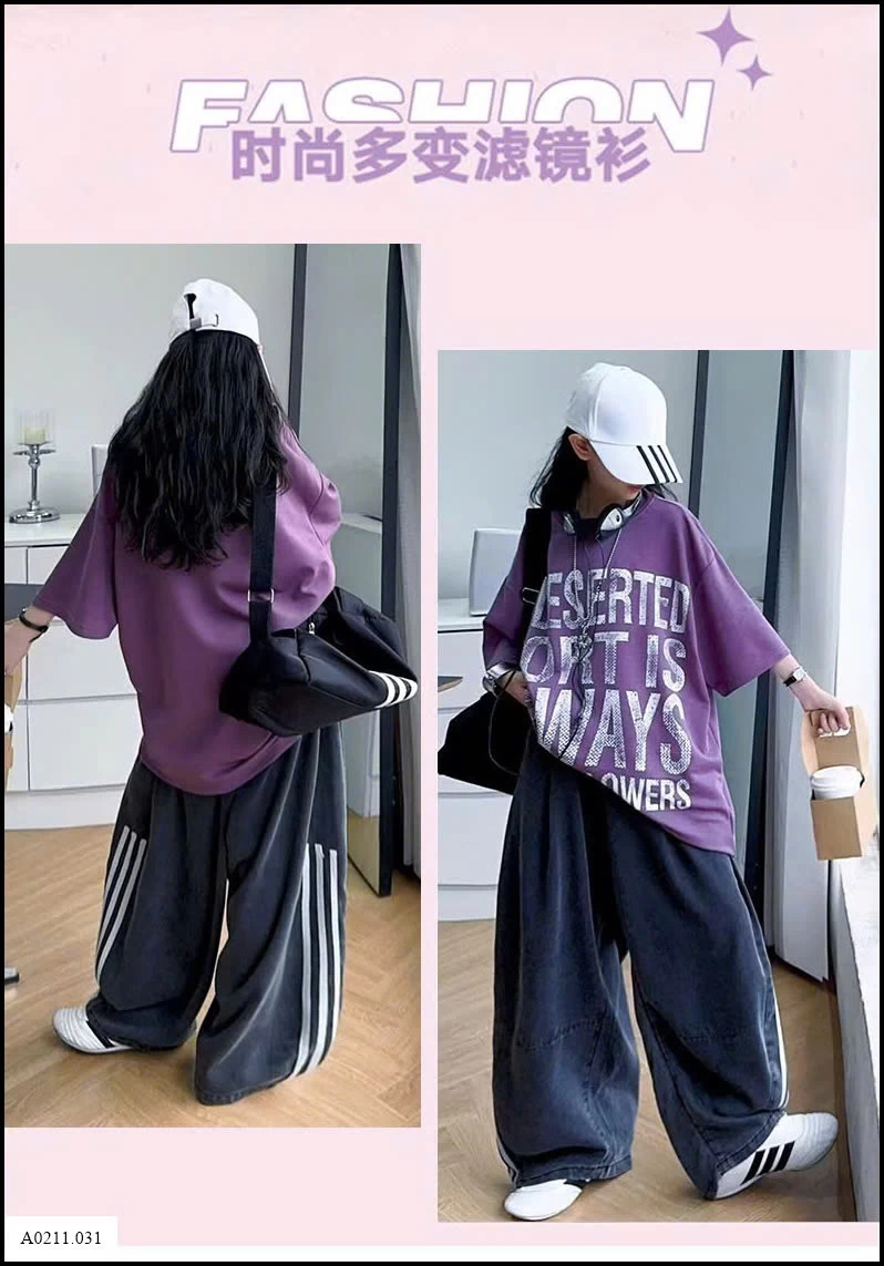 SÉT ÁO TÍM MIX QUẦN HIPHOP BÉ GÁI   Giá sỉ áo: 145k  quần: 189k