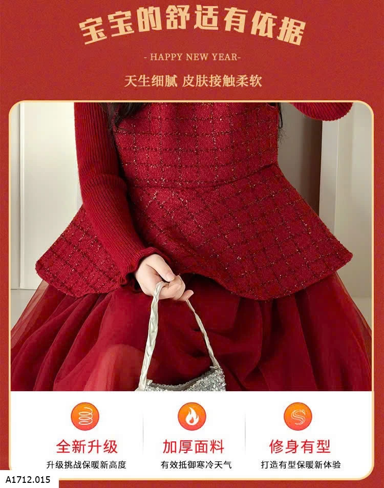 SET VÁY DẠ ĐỎ PHỐI VOAN ĐỎ LÓT NHUNG  Giá sỉ 390k