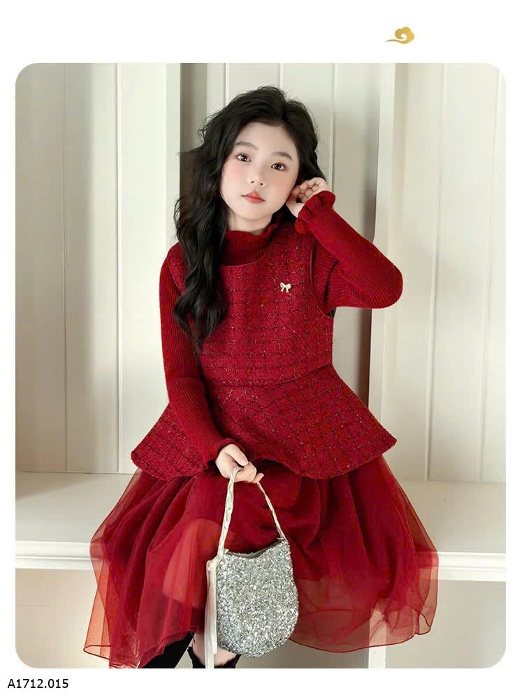 SET VÁY DẠ ĐỎ PHỐI VOAN ĐỎ LÓT NHUNG  Giá sỉ 390k