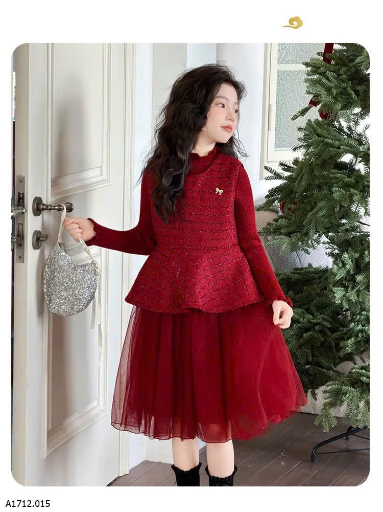 SET VÁY DẠ ĐỎ PHỐI VOAN ĐỎ LÓT NHUNG  Giá sỉ 390k