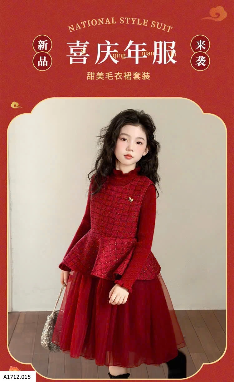 SET VÁY DẠ ĐỎ PHỐI VOAN ĐỎ LÓT NHUNG  Giá sỉ 390k