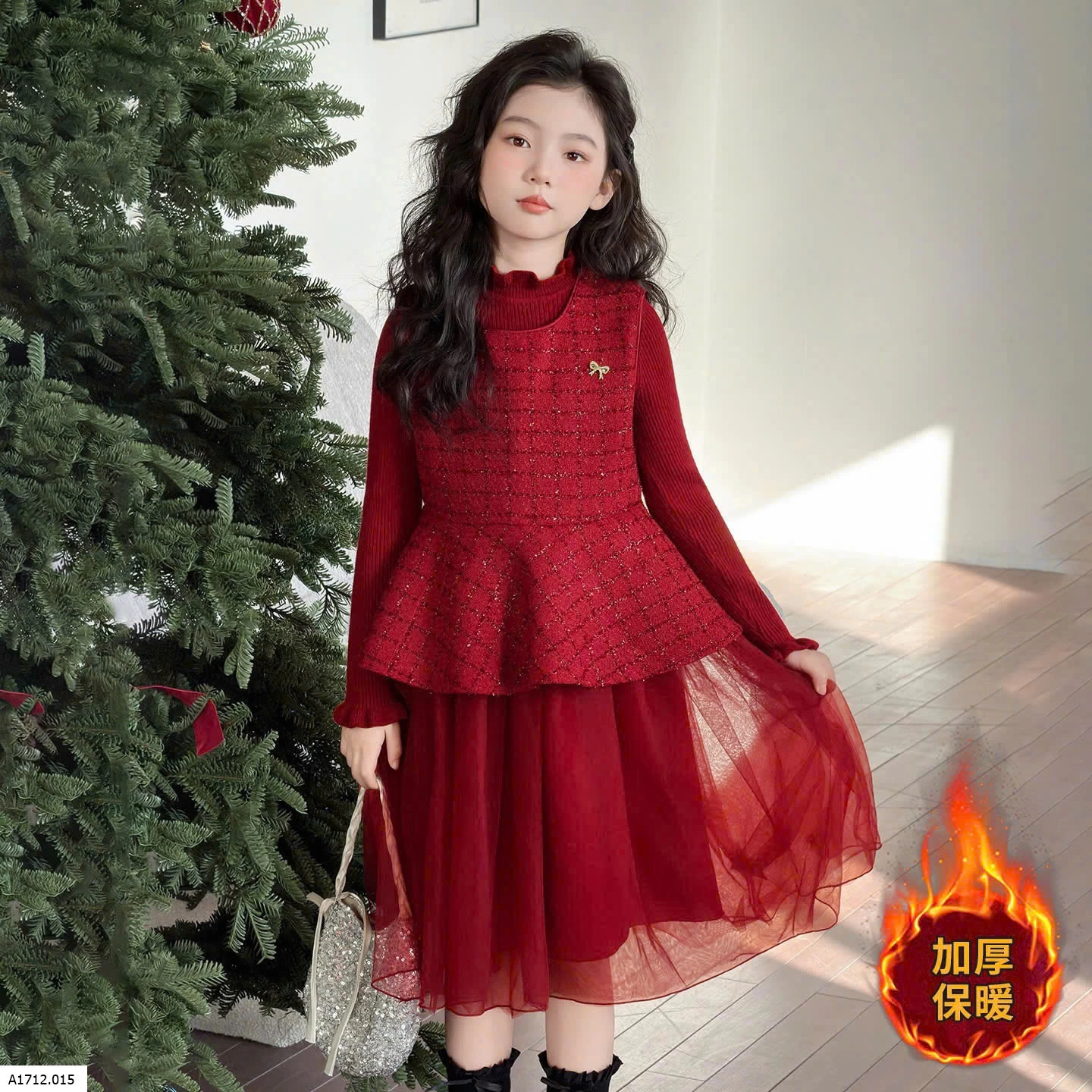 SET VÁY DẠ ĐỎ PHỐI VOAN ĐỎ LÓT NHUNG  Giá sỉ 390k