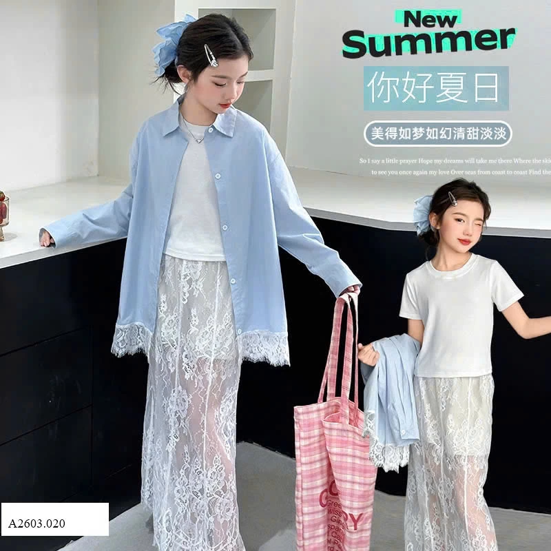 SET BỘ VÁY 3 MẢNH CHO BG   Giá sỉ như sau: áo trong: 88k  áo ngoài: 161k  chân váy: 127k 