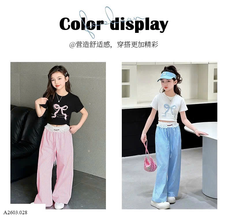 SÉT ÁO THUN NƠ MIX QUẦN SUÔNG CARO BG   Giá sỉ như sau: áo: 129k  quần: 167k 