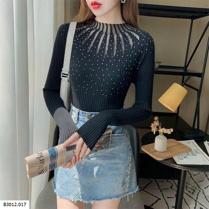 ÁO LEN GÂN PHỐI LƯỚI ĐÍNH ĐÁ CỔ CAO  Giá sỉ 140k