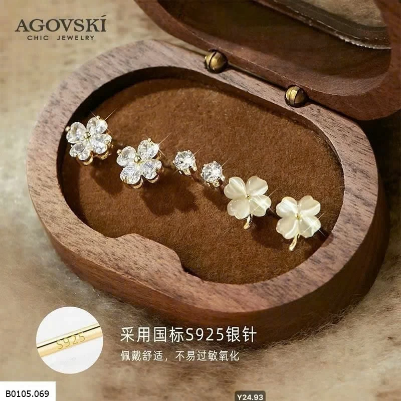 Khuyên tai cỏ 4 lá nhà Agovski Sỉ 155k/ 1 sét 3 đôi
