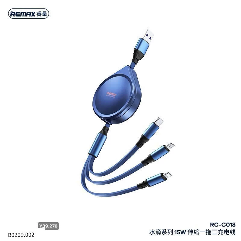 CÁP SẠC NHANH 15W 3 CỔNG DÂY RÚT RC-C018 HÃNG REMAX  Giá sỉ 82k