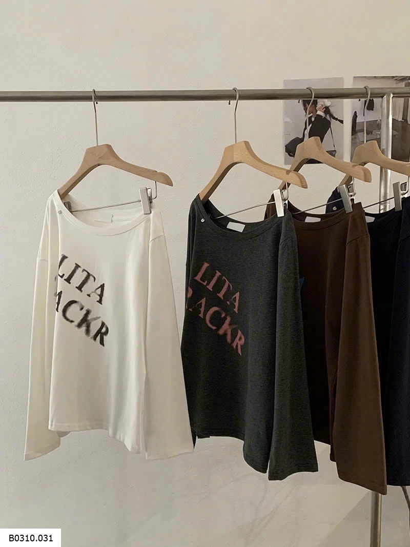 ÁO THUN DÀI TAY LỆCH VAI IN CHỮ CHO NỮ  Giá sỉ 167k