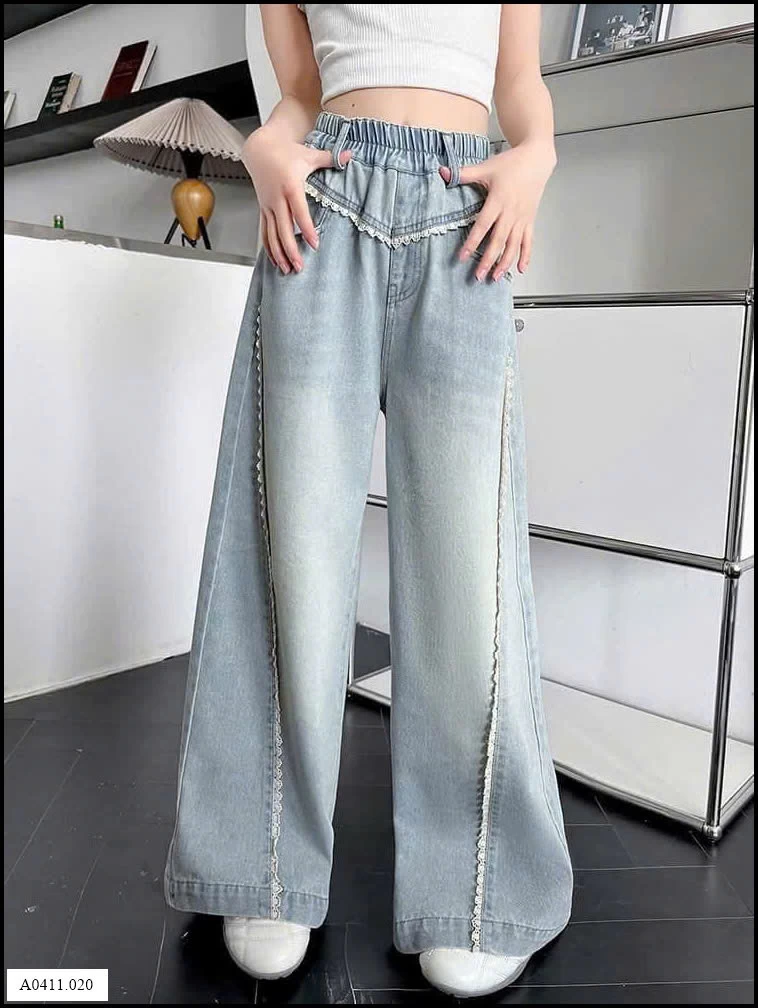 QUẦN JEAN SUÔNG RỘNG VIỀN REN BÉ GÁI  Giá sỉ 190k
