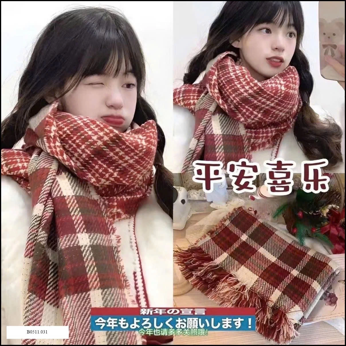 KHĂN CHOÀNG KẺ ĐỎ 2 MẶT  Giá sỉ 70k